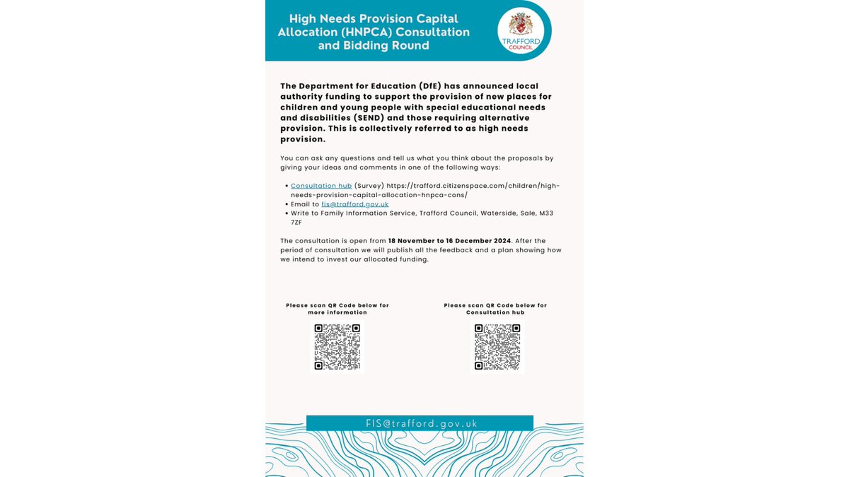 Survey Closing Today!
The DfE's HNPCA consultation (Nov 18 - Dec 16, 2024) is here! Let's invest in SEND &amp; alternative provision. 💡 Together, we can create new spaces, enhance facilities &amp; ensure accessibility for all. Share your thoughts! 👉 trafford.citizenspace.com/children/high-… #SEND #HNPCA