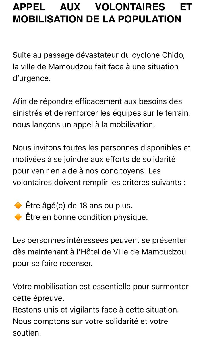Bee_Mondroha's tweet photo. La mairie de Mamoudzou invite toutes les personnes disponibles et motivées à se joindre aux efforts de solidarité. Les volontaires doivent remplir les critères suivants :  

🔸 Être âgé(e) de 18 ans ou plus.  
🔸 Être en bonne condition physique.  

#Chido
#Mayotte https://t.co/96ViybMUNt