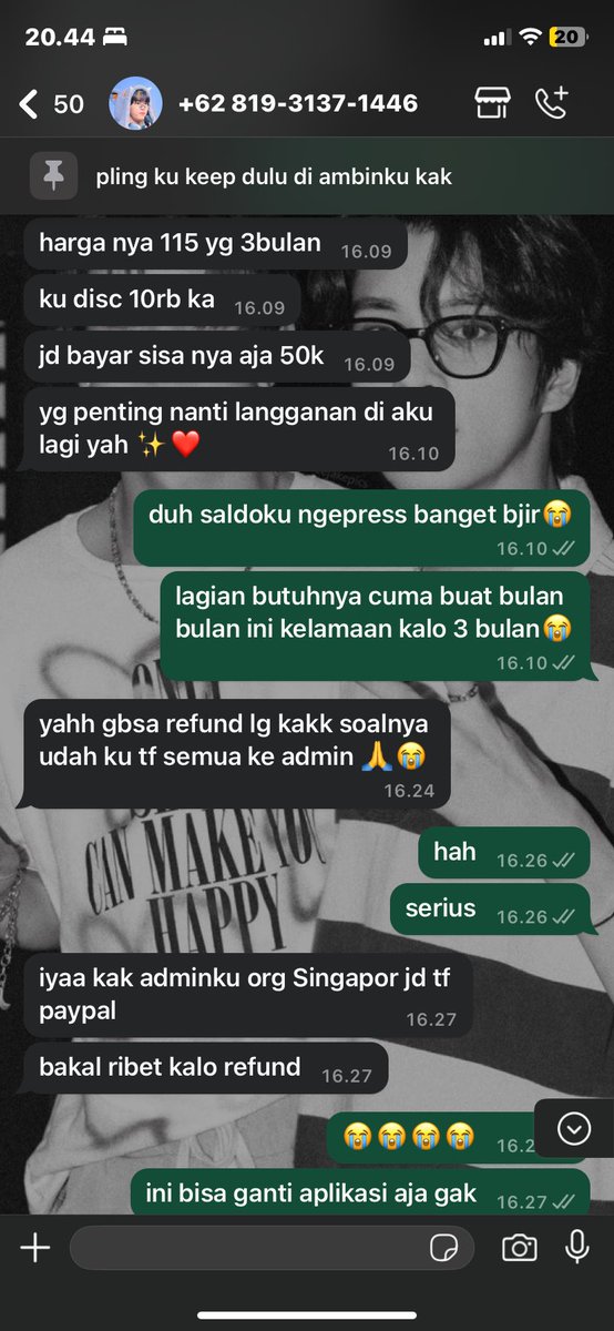 terus dia tiba tiba bilang katanya gabisa njir? monyet asu tolol, padahal sebelumnya tele gue udh pernah dipremin.. nah abis itu dia nawarin tele 3bln karna katanya dr adminnya itu yg sebulan udh gabisa trs gue minta refund malah gabisa