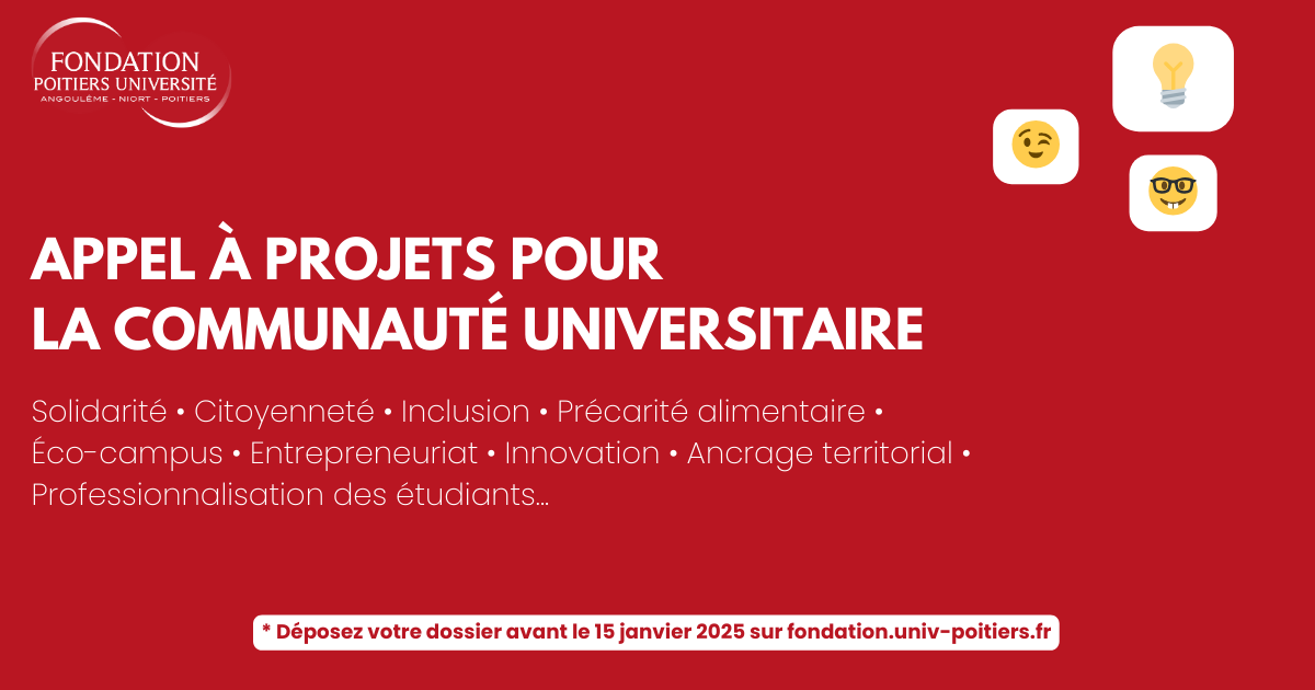 Participez à l'appel à projets 2025 de la Fondation Poitiers Université ! Vous avez un projet innovant autour des thèmes tels que la solidarité, l’écologie, ou encore l’innovation ? Déposez votre dossier avant le 15 janvier 2025.
👉fondation.univ-poitiers.fr/appel-a-projet…