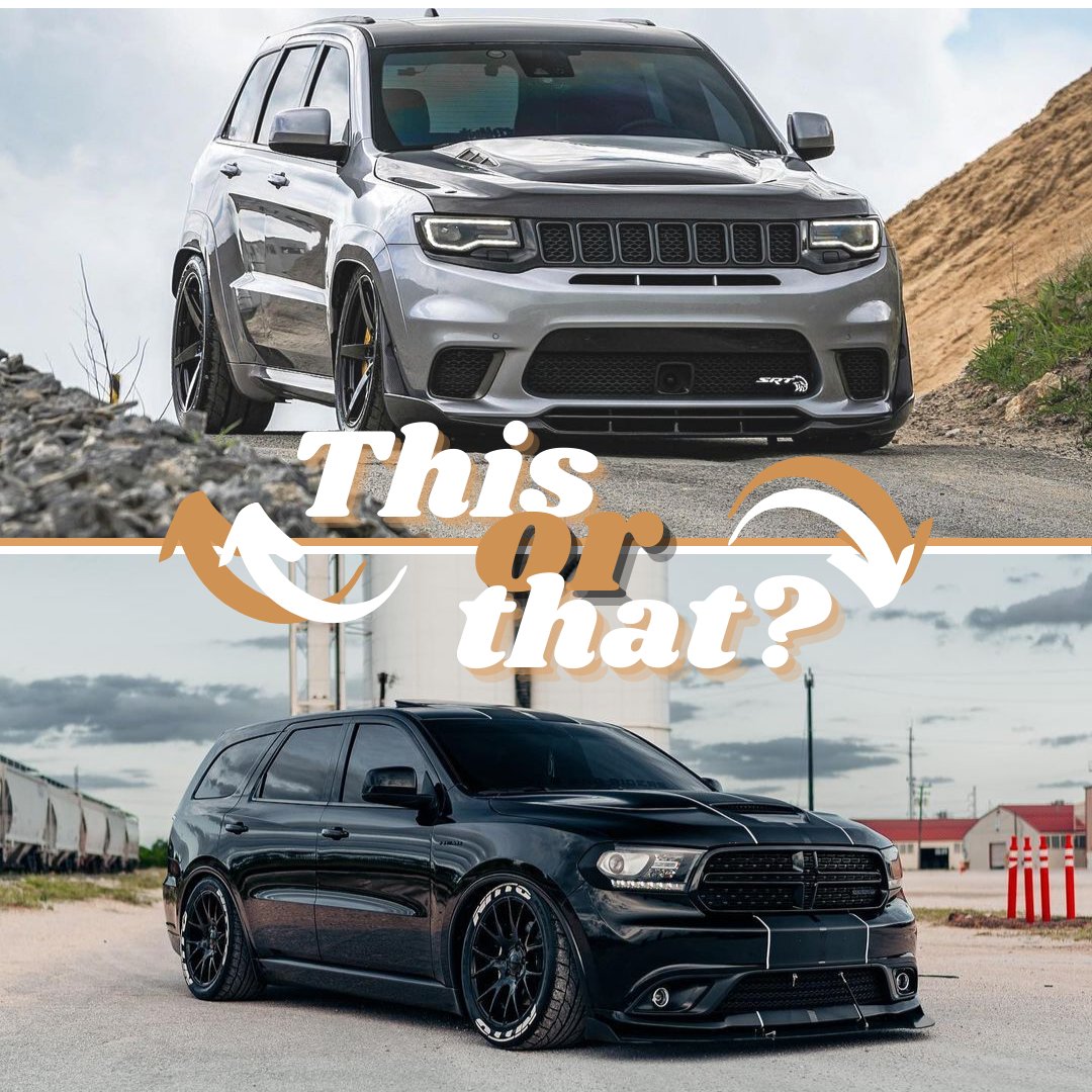 UniqueChrysler's tweet photo. Happy Monday! Today's #ThisOrThat is between these two grocery getters.

Check out our store to see what we have for you!

https://t.co/HRRYE1oWwX

#burlington #mopar #dodgedurango #durangohellcat #srt8 #jeepgrandcherokee #trackhawk #americanmuscle #hellcat #moparlove https://t.co/XLDYm5tLNa