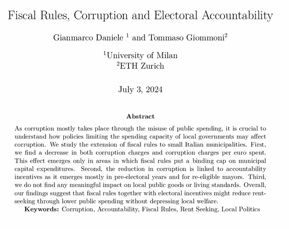 Gianmarco Daniele (@giammacco) on Twitter photo 🚨Happy to see "Fiscal Rules, Corruption and Electoral Accoutability" published on <a href="/The_JOP/">Journal of Politics @jop@sciences.social</a> with <a href="/T_Giommoni/">Tommaso Giommoni</a>:
- Fiscal rules reduce corruption among 🇮🇹 municipalities
- The effects are driven by re-eligible mayors reducing rent-seeking
journals.uchicago.edu/doi/10.1086/73… 🚨Happy to see "Fiscal Rules, Corruption and Electoral Accoutability" published on <a href="/The_JOP/">Journal of Politics @jop@sciences.social</a> with <a href="/T_Giommoni/">Tommaso Giommoni</a>:
- Fiscal rules reduce corruption among 🇮🇹 municipalities
- The effects are driven by re-eligible mayors reducing rent-seeking
journals.uchicago.edu/doi/10.1086/73…