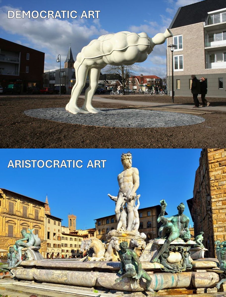 thinkingwest's tweet photo. Art funded by committee is inevitably generic and uninspiring.
But masterpieces — like the works of Raphael and Michelangelo — were funded by individual egos.
Here's why democracy produces ugly art, while aristocracy gives us masterworks...🧵 https://t.co/ngWBci6xY5