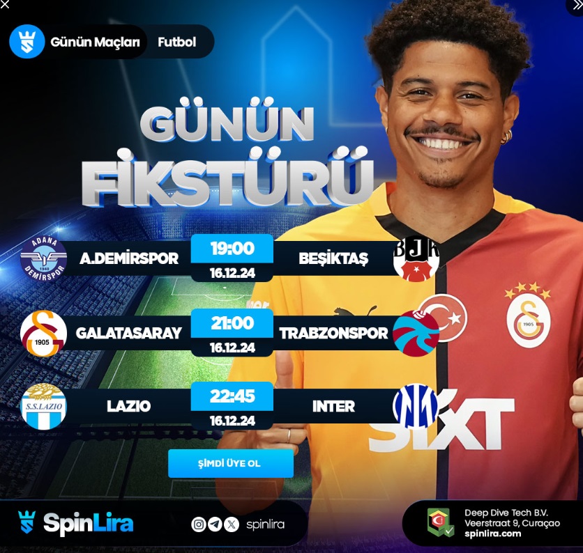 ⚽ Günün Fikstürü Spinlira’da! 🔥

📅 16 Aralık 2024 
🏟️ Adana Demirspor 🆚 Beşiktaş - 19:00 
🏟️ Galatasaray 🆚 Trabzonspor - 21:00 
🏟️ Lazio 🆚 Inter - 22:45

✅ %100 Güvenilir ve #Lisanslı Bahis Sitesi
🔗 Hemen Oyna: cutt.ly/SpinLiraT1