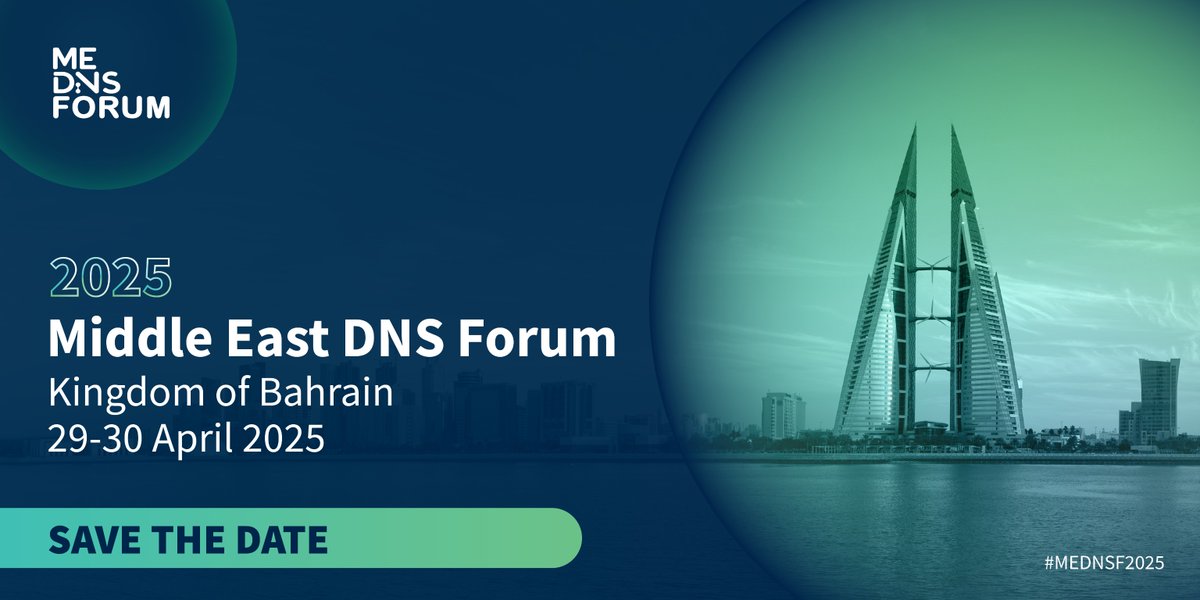 #ICANN is excited to announce the Middle East DNS Forum 2025! 🎉
Hosted by the Telecommunications Regulatory Authority (<a href="/TRABahrain/">TRA Bahrain</a>) of the Kingdom of Bahrain, the forum will be held as a hybrid event on 🗓️ 29-30 April, in 🌍 Bahrain. 
🌐 To learn more: go.icann.org/4ggw8KO