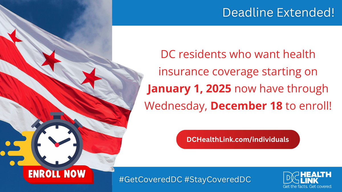 DCHealthLink's tweet photo. 🚨Deadline Extended!🚨

DC residents who want health insurance coverage starting on January 1, 2025 now have through Wednesday, December 18th to enroll!

🔗https://t.co/8kZx3d9xV0

#GetCoveredDC #StayCoveredDC #OpenEnrollment25 https://t.co/SdPCNlQ3Lx