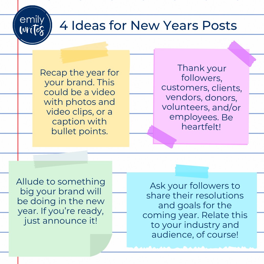 EmilyWritesLLC's tweet photo. We're two weeks away from New Year's - do you know what you will post on your organization's social media accounts? Here are four ideas!

#emilywrites #contentwriter #contentwriting #newyears #socialmediapostideas https://t.co/VIZ0GtPPF0