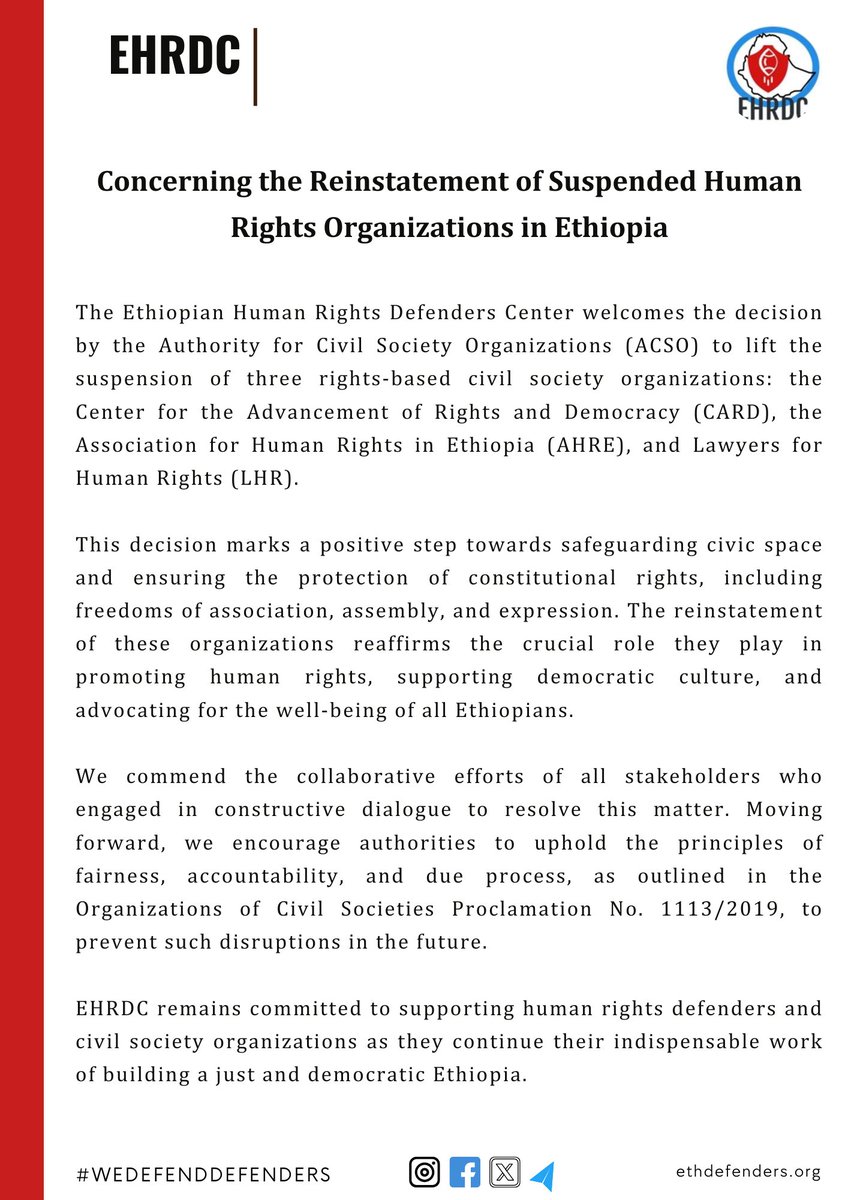 Statement Concerning the Reinstatement of Suspended Human Rights Organizations in Ethiopia

#wedefenddefenders