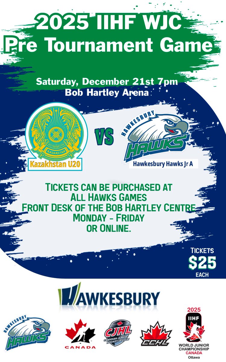 Pre Tournament World Junior Game 
Hawkesbury Hawks vs Kazakhstan 
Tickets still available 
eventbrite.ca/e/2025-iihf-wj…