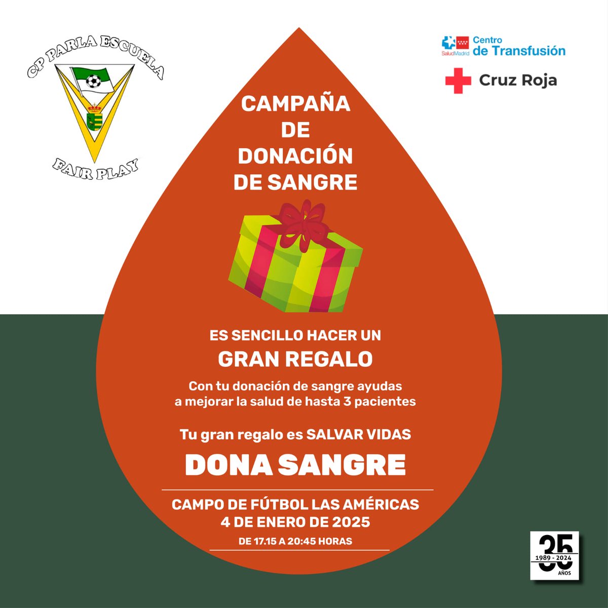 CAMPAÑA DE DONACIÓN DE SANGRE | La Escuela y Cruz Roja se unen para que el próximo 4 de enero hagas un GRAN regalo en Las Américas

Es muy sencillo, una donación de sangre que puede salvar vidas

¡Te animamos para en el horario de 17.15h a 20.45h hacer tu GRAN REGALO de Navidad!