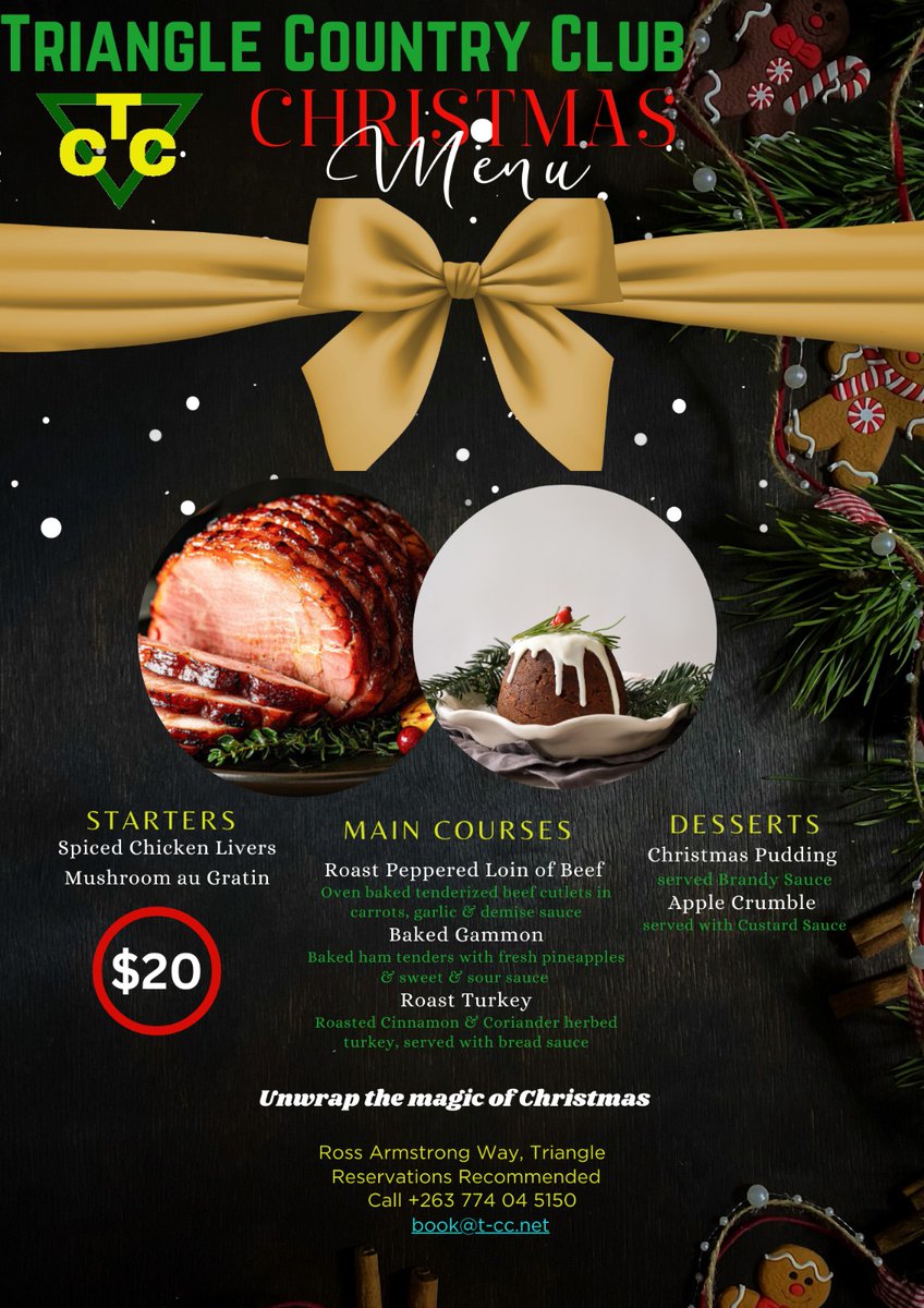 TheLowveld's tweet photo. #Triangle Country Club
# Christmas Menu
#Triangle
#travelzimbabwe
#Chiredzi
#Uripi
#Unani
#ZimBho
#VisitZimbabwe https://t.co/CPEDU9rhIS