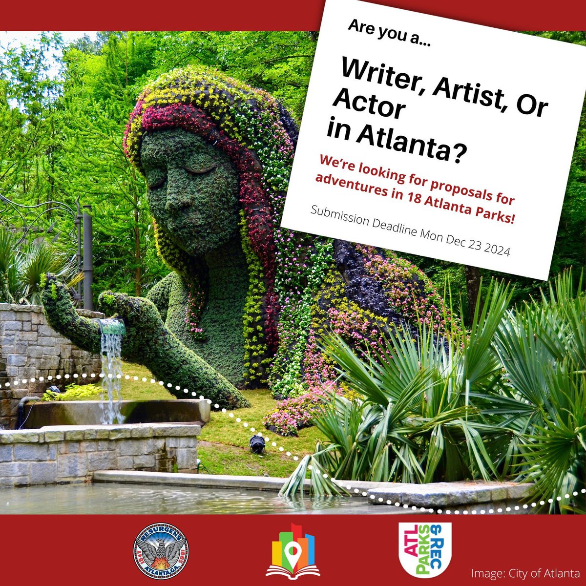 Are you a #writer #artist or #actor based in #Atlanta #ATL? We’re looking for proposals for stories &amp; adventures in Atlanta’s parks! Submit by Dec 23rd to be considered, more info here: [buff.ly/4eHJ3Uf]
#AtlantaParksandRec #chooseyouradventure #StoryCity #creator