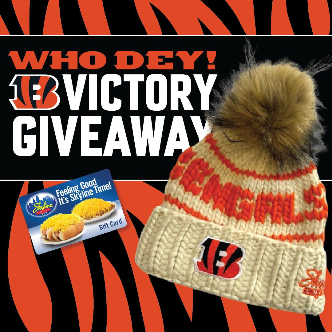 Skyline_Chili's tweet photo. Starting the week with a win! 🐯 The @Bengals come out on top against the Titans. ​

Let us know what menu item you’re ordering to celebrate and use #SkylineSweeps for a chance to win a Skyline @ShitThatIKnit Beanie and a $25 Skyline Gift Card! #WHODEY
-
-
-
-
WE WILL CONTACT THE WINNER BY REPLYING TO YOUR COMMENT ON THIS POST. WE WILL NOT SEND YOU A FRIEND REQUEST, DM YOU A LINK, HAVE YOU DOWNLOAD AN APP, OR ASK FOR CREDIT CARD INFORMATION. NO PURCHASE NECESSARY. One entry permitted per person per social media platform. Sponsored by Skyline Chili, Inc. Must be a resident of Florida, Indiana, Kentucky or Ohio and 18 or older to enter. 12/16 at 9AM ET and ends 12/17 at 9AM EST. 15 winners will be randomly chosen from entries received on each of X, Facebook & Instagram and notified electronically by social media. Sweepstakes is not sponsored, endorsed, administered by or affiliated with X, Facebook or Instagram.