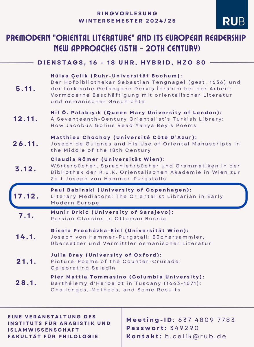 Huelya_Celik's tweet photo. Very happy to announce tomorrow's lecture: Paul Babinski will speak about “Literary Mediators: The Orientalist Librarian in Early Modern Europe” between 4 and 6 pm (German time). 

https://t.co/DvhsDijuZJ
Meeting-ID: 637 4809 7783
Passwort: 349290 https://t.co/ux2cwn4Kw4