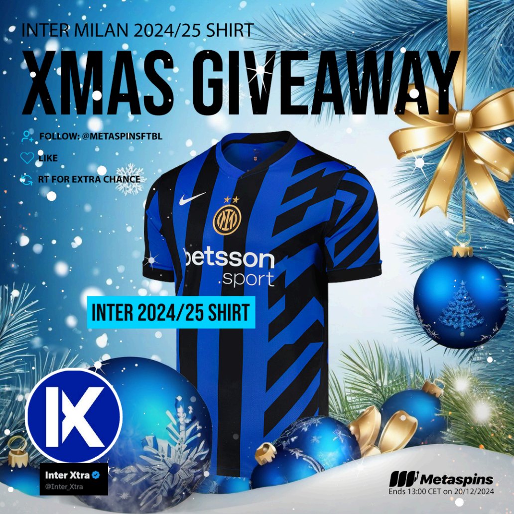 Inter Xtra (@inter_xtra) on Twitter photo 🚨CHRISTMAS GIVEAWAY🎄
Win a 2024/2025 Inter Milan Shirt for the Perfect Christmas Gift!
All you have to do to win is:
✅ Follow <a href="/metaspinsftbl/">Metaspins Football</a> & LIKE this post!
🔄 RT for an extra chance to win!
Good luck! 🚨CHRISTMAS GIVEAWAY🎄
Win a 2024/2025 Inter Milan Shirt for the Perfect Christmas Gift!
All you have to do to win is:
✅ Follow <a href="/metaspinsftbl/">Metaspins Football</a> & LIKE this post!
🔄 RT for an extra chance to win!
Good luck!