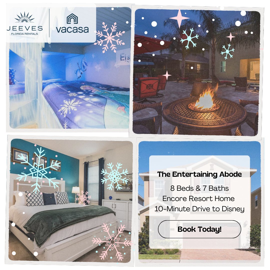 JeevesOrlando's tweet image. Book your dream getaway today and enjoy the magic of Kissimmee!

🌟 Spacious rooms, a full kitchen, private pool area, and just minutes from Disney!

Save 10% when you BOOK AND STAY between 12/13-31!

Search Property: EC132

#ExperienceKissimmee #HolidayGetaway #ExperienceJeeves