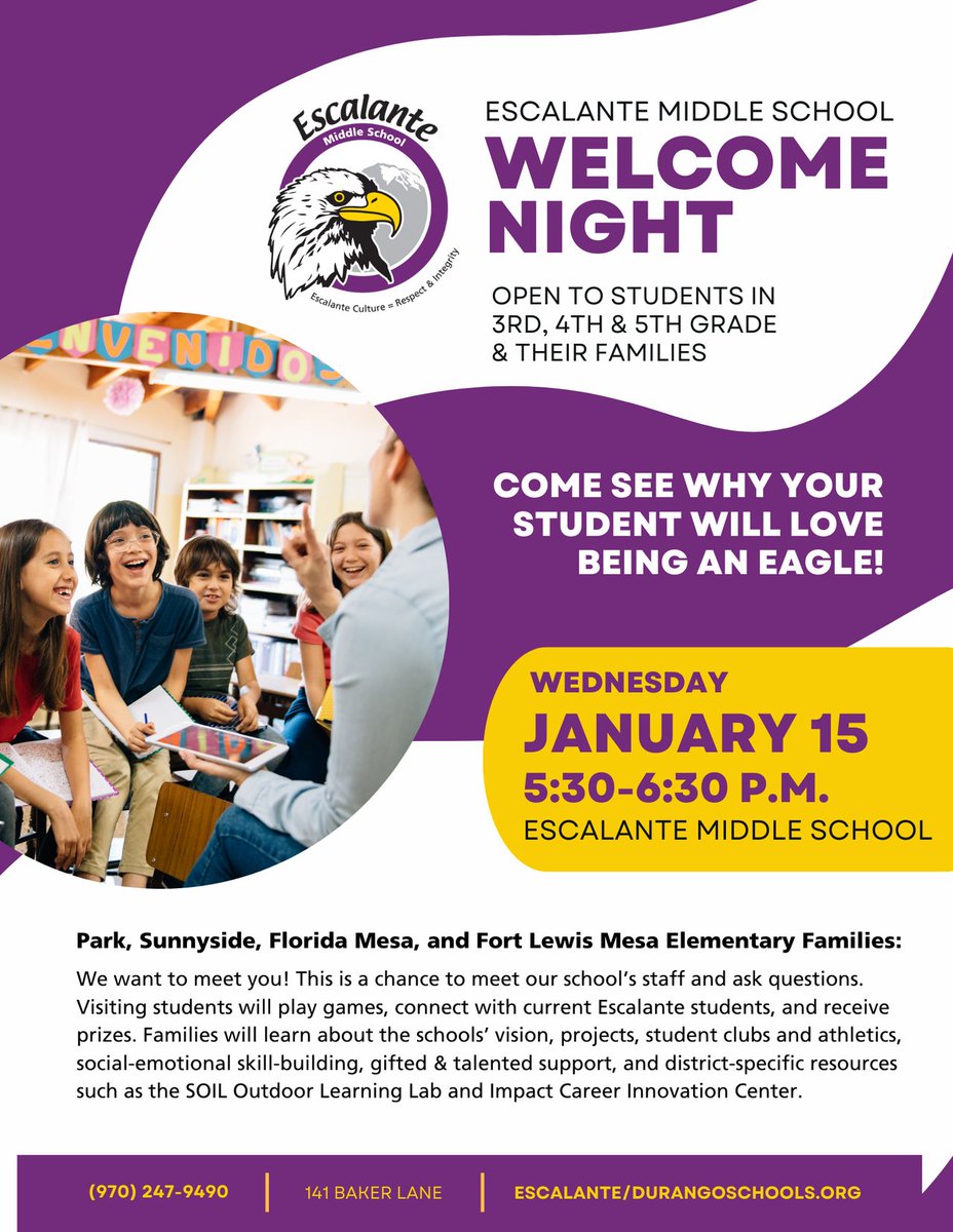 🗓️ Save the date! Escalante Welcome Night will be held Jan. 15, 5:30-6:30 p.m.  We will kick things off with refreshments and a short presentation, then families will be free to roam the halls for a fun scavenger hunt with prizes.