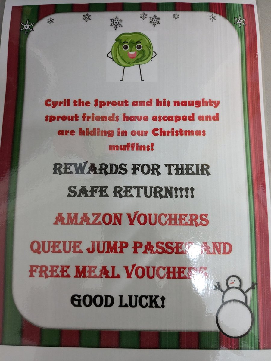 Tomorrow we will be running our annual Christmas competition!
 This year the hunt is on for Cyril the sprout 🤣 Amazon vouchers, free meal deals and queue jump passes up for grabs. Good luck and Merry Christmas! 🎄