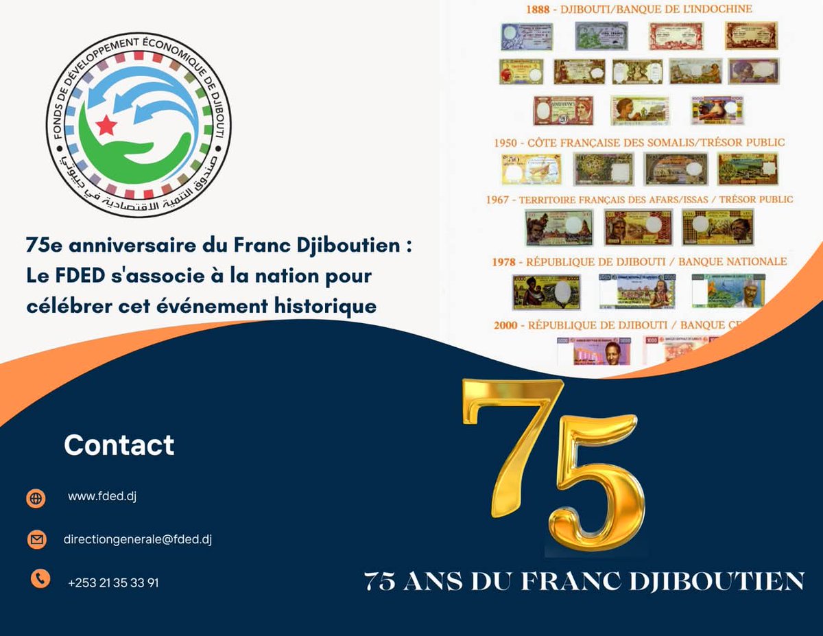 FdedFded1's tweet image. Depuis 75 ans, le franc Djibouti est au cœur de notre économie. Un moment pour revenir sur l&apos;histoire de notre monnaie et envisager l&apos;avenir avec optimisme. #FDED #anniversaire #francdjibouti