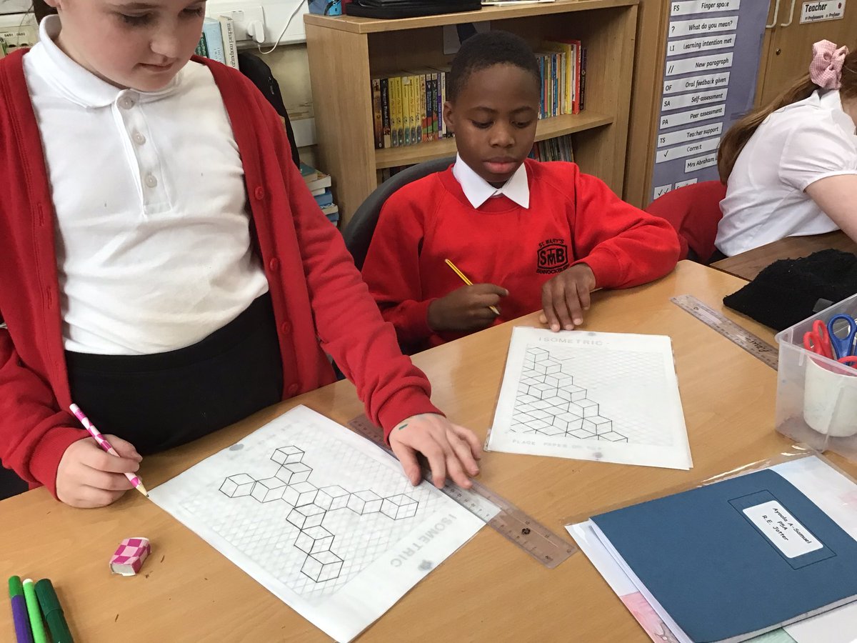 P5A are learning how to draw 3D shapes using Isometric paper.
For a first attempt they are doing extremely well.