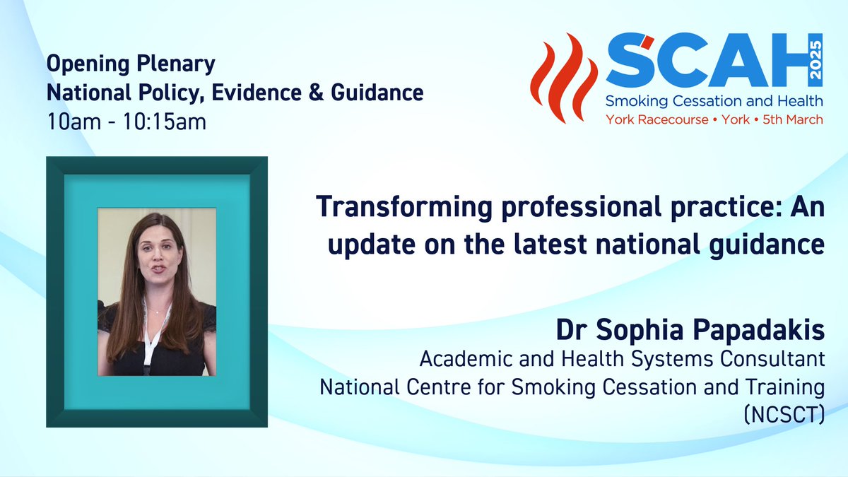 We are delighted that <a href="/sophiapapadakis/">Sophia Papadakis</a> from <a href="/NCSCT/">NCSCT</a> will participate in the Opening Plenary. Sophia will consider the  latest national guidance for stop smoking services and inpatient acute and MH trusts, and what it means to those leading and delivering stop smoking services.
