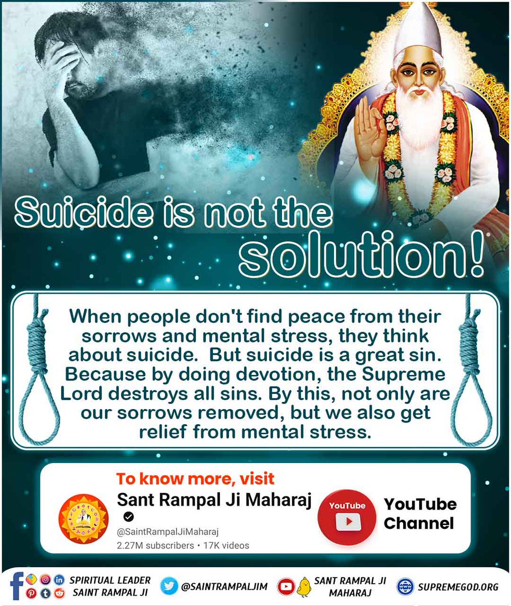 Mohan13520563's tweet photo. #खुदकुशी_समस्याका_समाधान_नहीं
One should not destroy oneself by committing suicide. Because by doing bhakti in this human body, one can attain the eternal supreme abode where there is supreme peace.

Watch SA True Story YouTube https://t.co/6hey30Fz0e