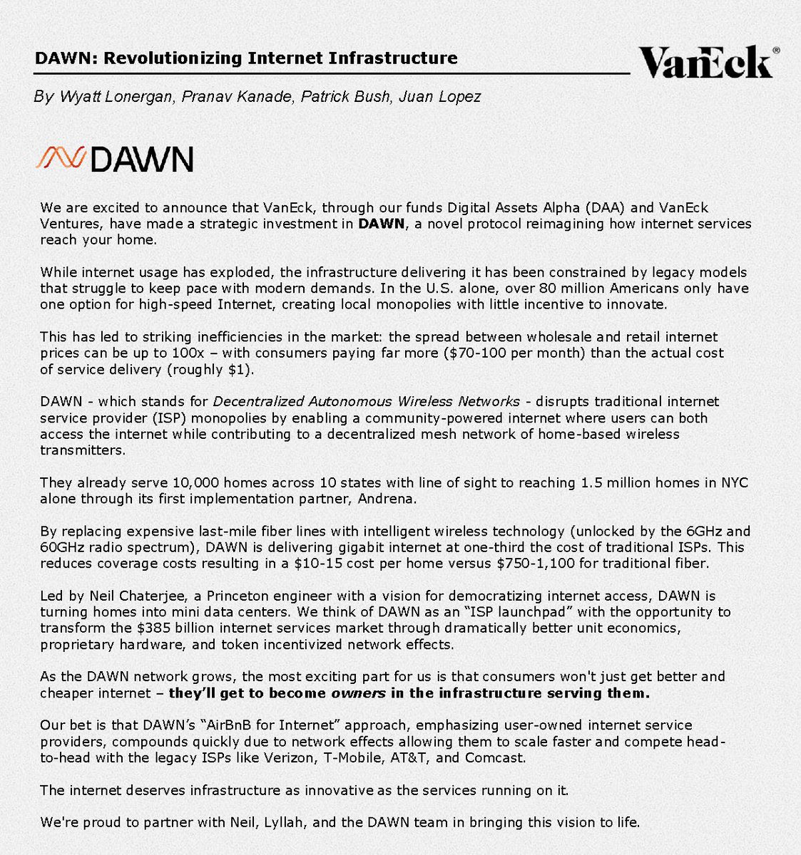 BREAKING: <a href="/vaneck_us/">VanEck</a>, with over $120B in assets under management, unveils $2.5M investment in <a href="/solana/">Solana</a>-based DePIN project <a href="/dawninternet/">DAWN</a>.