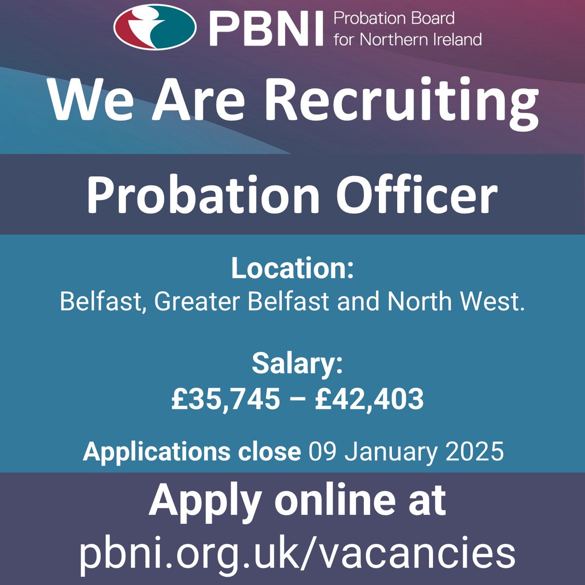 📌JOB VACANCY📌 
📣We are looking to #Recruit Probation Officers.
🖥️Find out more at pbni.org.uk/vacancies. 
📩Applications close 09 January 2025. 
#Jobs #JobFinder #Probation 
👉Share with your colleagues and friends.