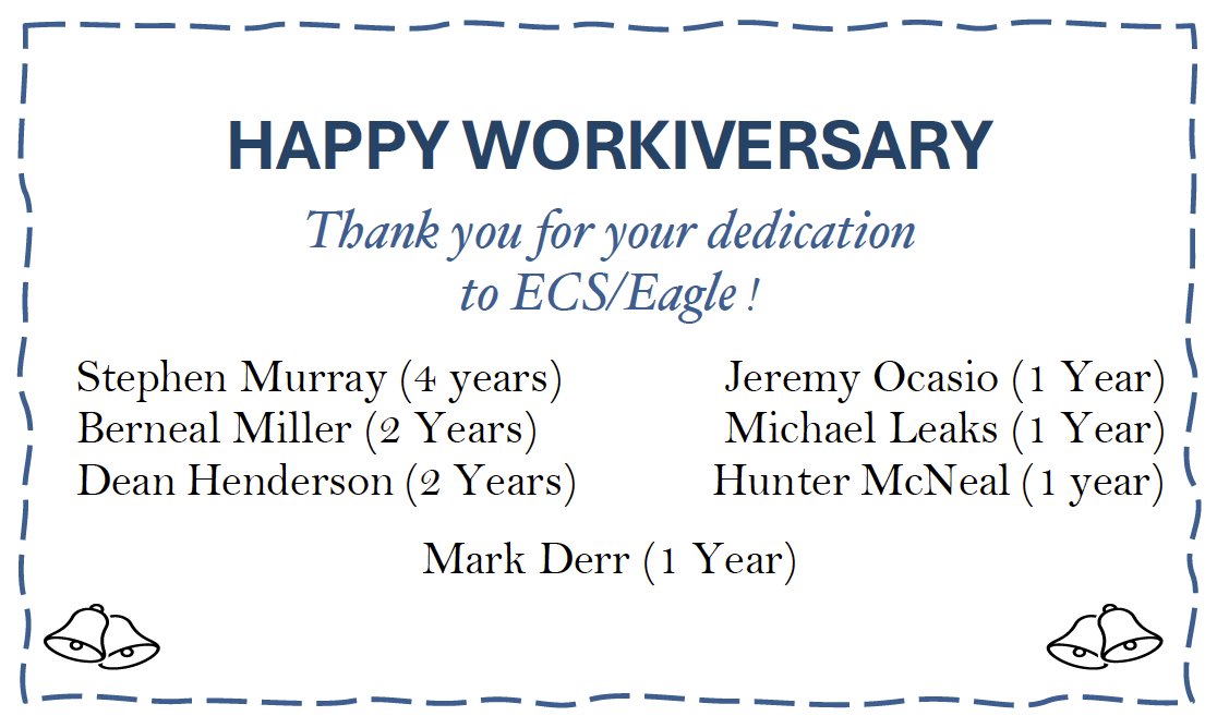 ecscommercial's tweet photo. We would like to recognize and congratulate all of our dedicated team members who celebrated their work anniversaries in December!  Thank you for your commitment to ECS and Eagle Distribution Services.
https://t.co/tvd44K8Cwk
https://t.co/oynHbitrjT https://t.co/Jb9xeD47Gp