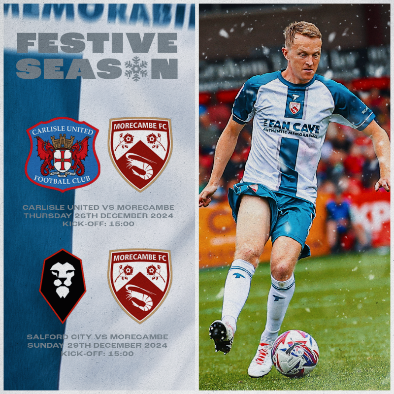 MorecambeFC's tweet photo. Tickets and coach travel remain available for this week's festive fixtures! 🗓️

#UTS 🦐 | #CARvMOR | #SALvMOR