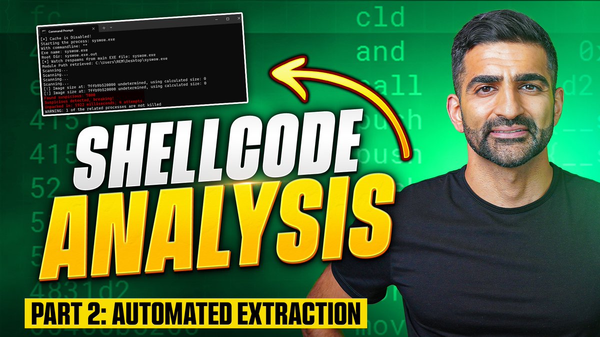Anuj Soni (@asoni) on Twitter photo Part 2 of my shellcode analysis series is here!
This time, we’re automating shellcode extraction with one of <a href="/hasherezade/">hasherezade</a>’s incredible open-source tools.
🎥 Watch now: youtu.be/D6Bm5vD78eY Part 2 of my shellcode analysis series is here!
This time, we’re automating shellcode extraction with one of <a href="/hasherezade/">hasherezade</a>’s incredible open-source tools.
🎥 Watch now: youtu.be/D6Bm5vD78eY