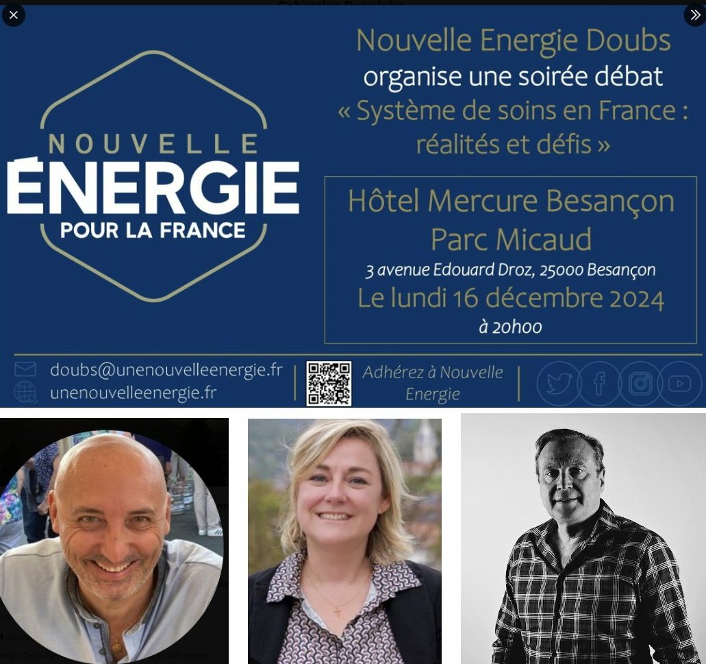 pays_francoise's tweet photo. 🔔
Ce 16 décembre,
soirée-débat à Besançon à 20 H.
▶️ Thème : le système de soins en présence de JL Durousset, PDG de #Noalys, groupe innovant dans le domaine de la santé.
▶️ Actualité de @Nouv_Energie @davidlisnard.
Organisation : @DoubsLisnard @Seb_Populaire @ChristineWerthe https://t.co/AfwRrzrn1e