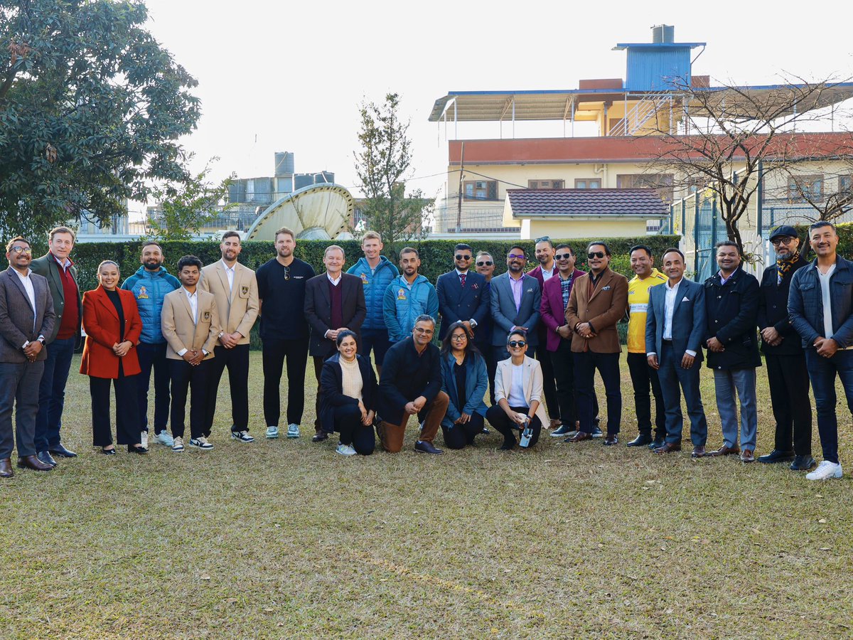 RobFennFCDO's tweet photo. Two hundred not out! 
#Cricket strengthening our 100+ yrs of friendship 🇬🇧🤝🇳🇵

Met British cricketers who have been part of the hugely successful #NepalPremierLeague. Wonderful also to meet the team owners and sports journalists today! Nepali cricket is reaching new heights 👏 https://t.co/055br8CORl
