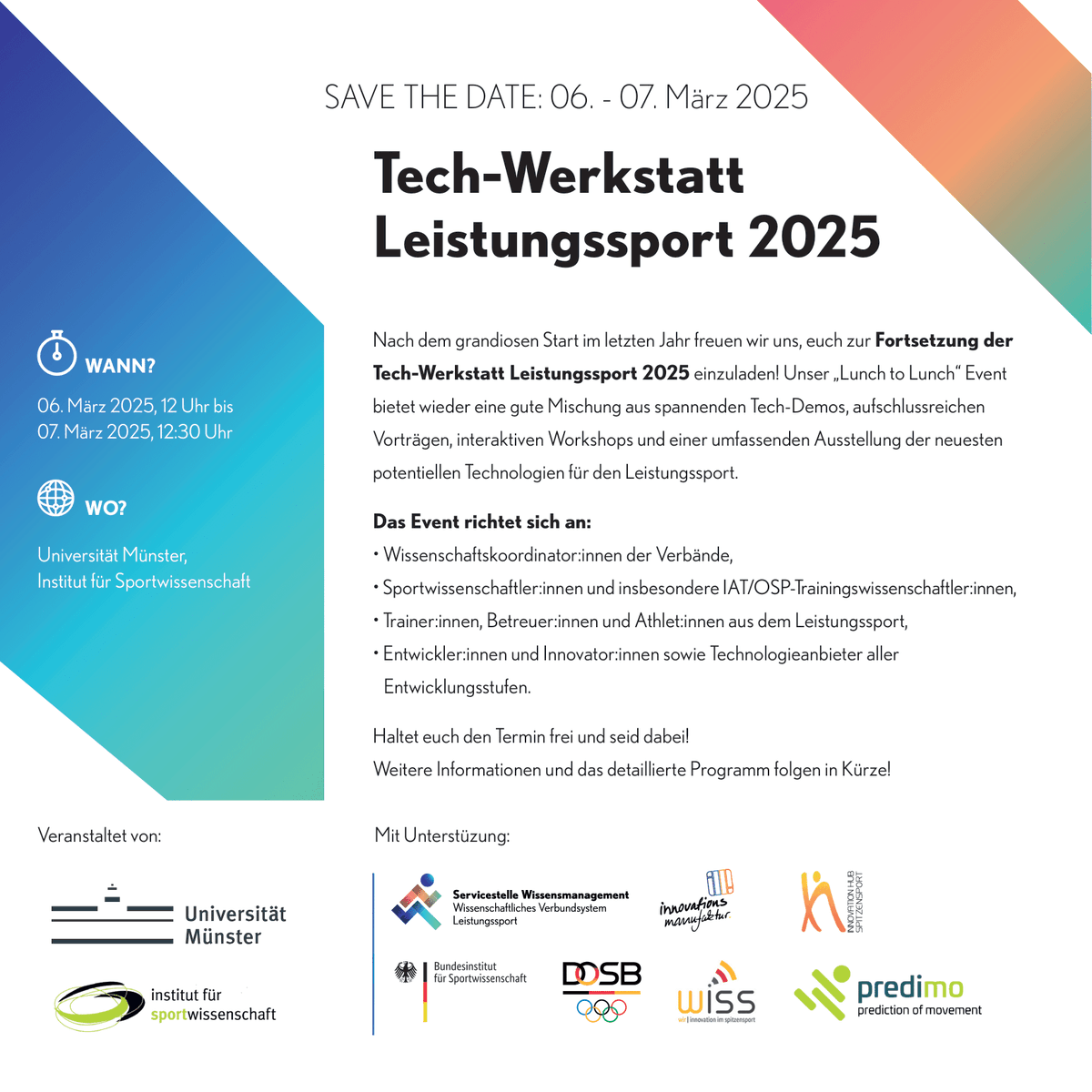 SAVE THE DATE: The next “Tech-Werkstatt” organized by the Institute of Sport and Exercise Sciences #IfS #Münster is coming up on March 6th - 7th 2025. More information can be found in the flyer. #techfair #unimuenster