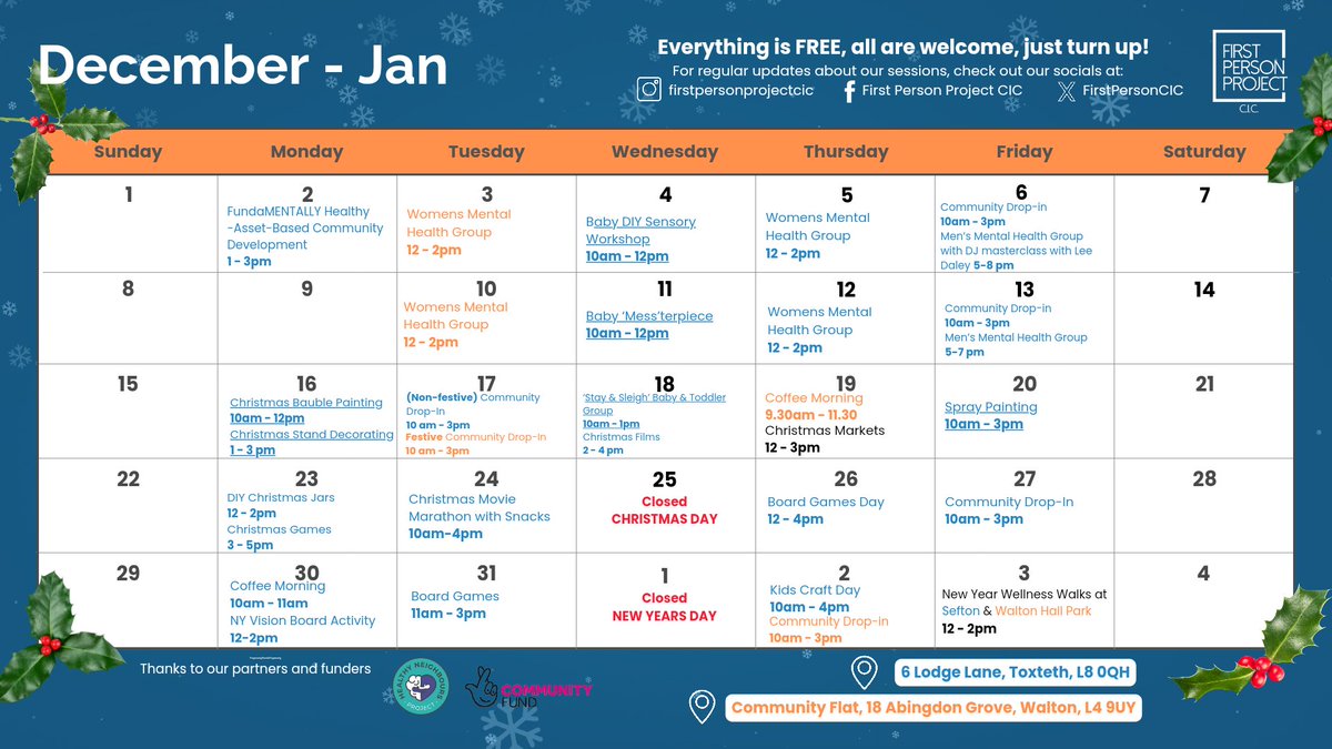 FirstPersonCIC's tweet photo. Our regular sessions and groups are on hold as we start our Christmas timetable today! Poor mental health doesn't stop over Christmas so neither do we. We have sessions every regular weekday until 6th Jan in our North and South end bases.🎄
See you soon! https://t.co/fFVliG0CKw