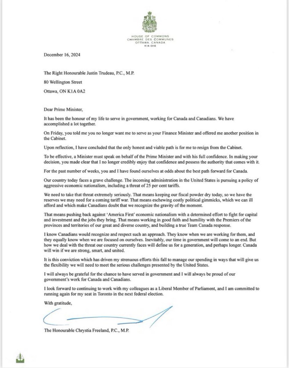 WOW!!!

The Finance Minister resigned before delivering what we know will be a disastrous economic update. 

She no longer has confidence in the Prime Minister. 

So, why should Canadians?