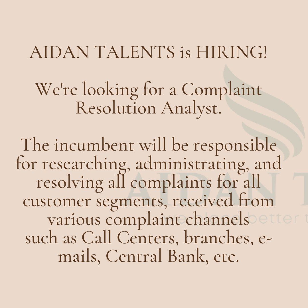 AidanTalents's tweet photo. AIDAN TALENTS is HIRING!

We're looking for a Complaint Resolution Analyst.

Interested in learning more? Let's chat! 🙂 https://t.co/6j09zZKDRA