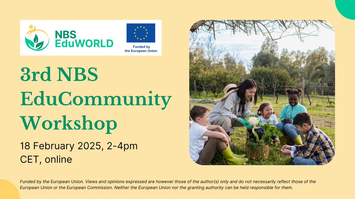 🔔🎉 Join us on 18 Feb 2025 for the final NBS EduCommunity workshop! Let’s discuss #youth inclusion in #NatureBasedSolutions &amp; shape the future of #SustainabilityEducation in Europe.
📝 Register: tinyurl.com/2b478ay3
#HorizonEurope #NBScommunity #TeachFromNature #NBSEduWORLD