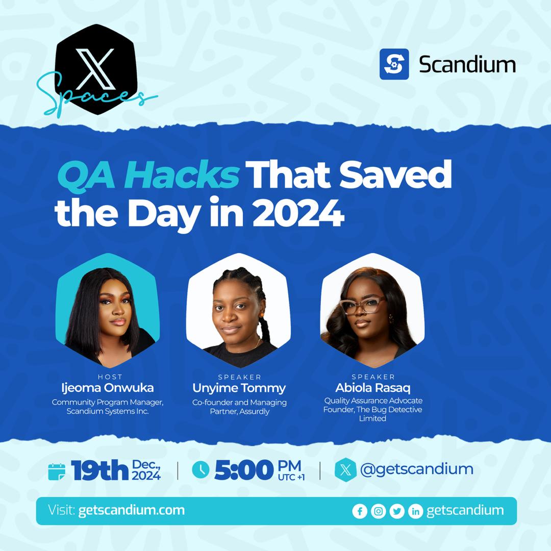 getscandium's tweet photo. QA to the rescue!

Join Unyime Tommy of @assurdly &amp; @abiolarasaq_ of @Thebugdetctive as they reveal real-life QA hacks that saved the day in 2024.

🗓️ Dec 19 | 🕔 5 PM (UTC+1)
🔗 Join the Twitter Space: https://t.co/DsNklZmmz5

Get ready for inspiring stories and lessons learned. https://t.co/Ryli4Jv64B