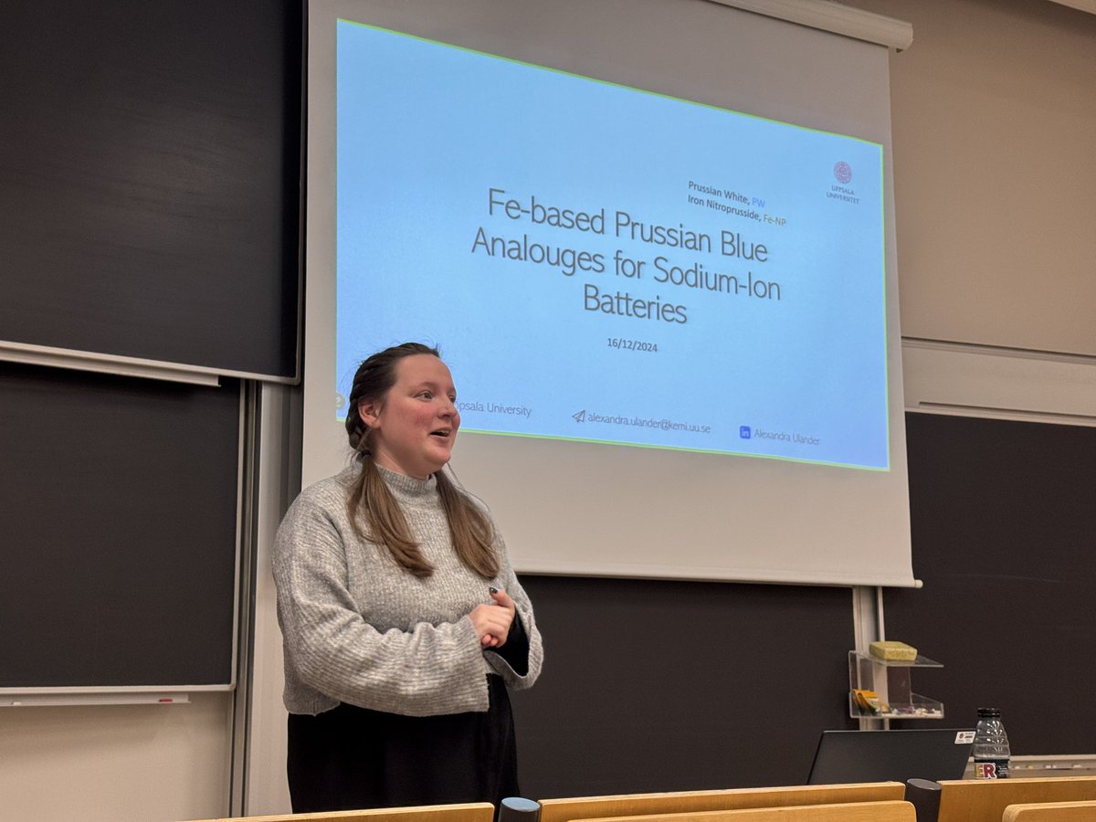 In today’s Battery Monday Seminar, <a href="/AlexandraUland2/">Alexandra Ulander</a> presents her ongoing PhD thesis project titled Optimisation of Prussian White Synthesis for Sodium Ion Batteries. 

This is the last Battery Seminar of this year. We will resume on Jan 7th, 2025. Stay tuned!