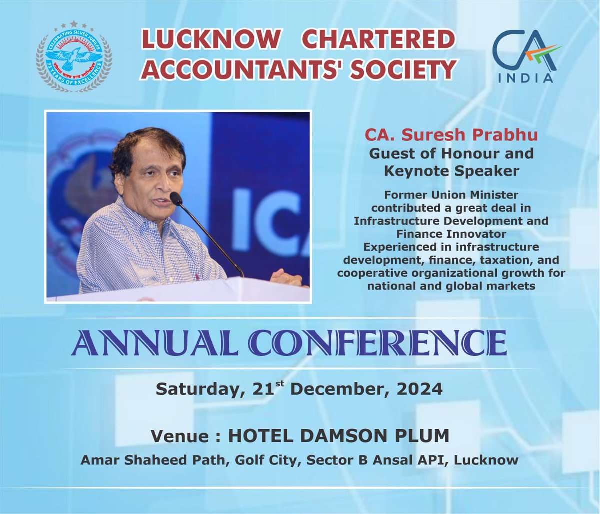 sureshpprabhu's tweet photo. I will be delivering a keynote address hosted by the Lucknow Chartered Accountants Society. https://t.co/Zd2J3u4Obo