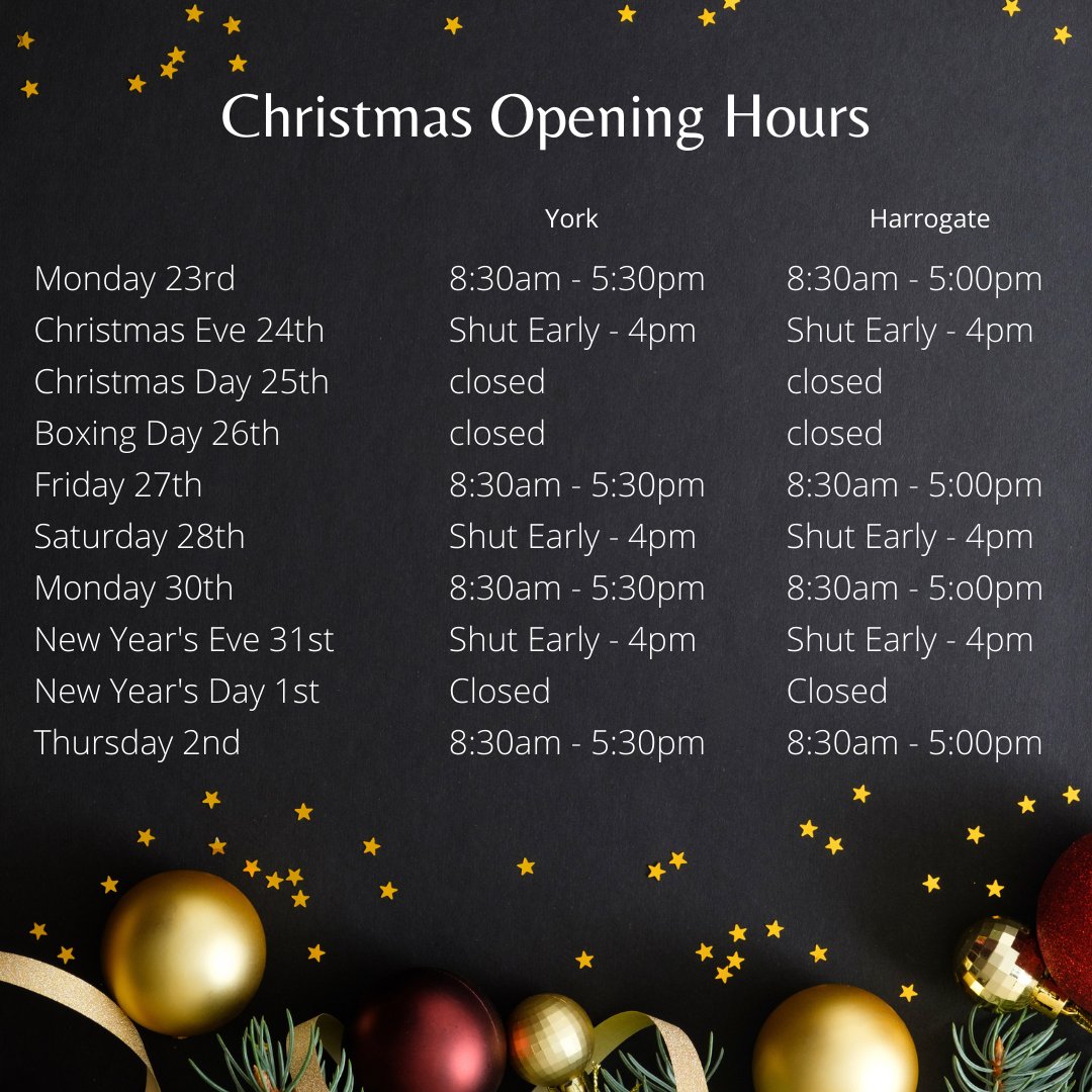 🎄✨ Holiday Opening Hours Alert! 🎄✨

🎁 We look forward to welcoming you and helping make your holiday season bright! Don't forget to check out our latest offers and products in-store.

htodd.co.uk

#HolidayHours #HerbertTodd #York #Harrogate #FestiveShopping