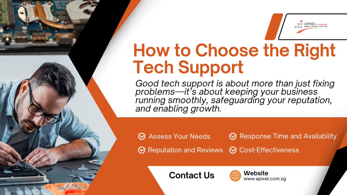 ApixelITSupport's tweet image. Good #Tech_Support is about more than just fixing problems—it’s about keeping your business running smoothly, safeguarding your reputation, and enabling growth. Read More [ shorturl.at/KFDaW]
 #BusinessITSolutionsSingapore #TechSupportServicesSingapore