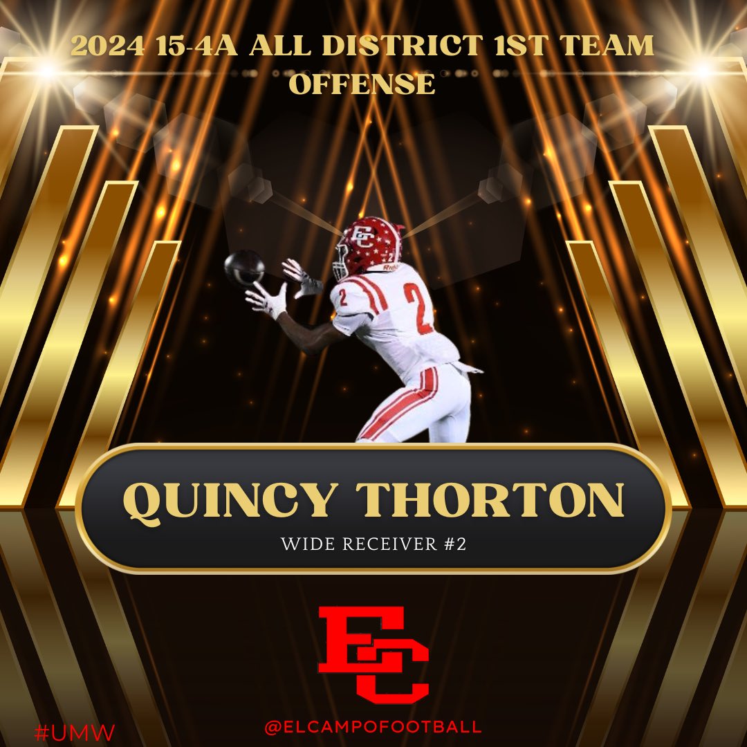 El Campo Ricebird Football (@elcampofootball) on Twitter photo Congratulations to Quincy Thorton for being named a 15-4A 1st Team Wide Receiver
<a href="/QuincyThornton3/">Quincy Thornton</a> Congratulations to Quincy Thorton for being named a 15-4A 1st Team Wide Receiver
<a href="/QuincyThornton3/">Quincy Thornton</a>