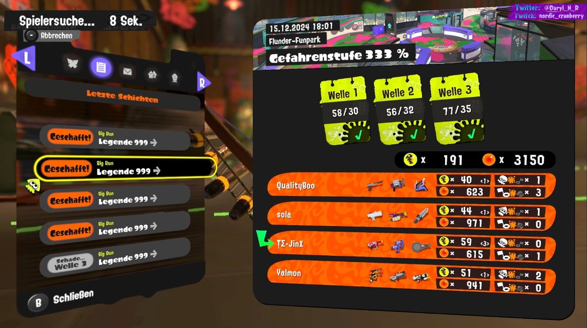 Daryl_N_R's tweet photo. Unfortunately, the Big run is over.
But this weekend was so much fun. <3
Thanks for playing. :D
#nintendoswitch #stream #splatoon #splatoon3 #splatoonsalmonrun #salmonrunnextwave #record #Bigrun #WeekendVibes https://t.co/7p9pdOWMO4