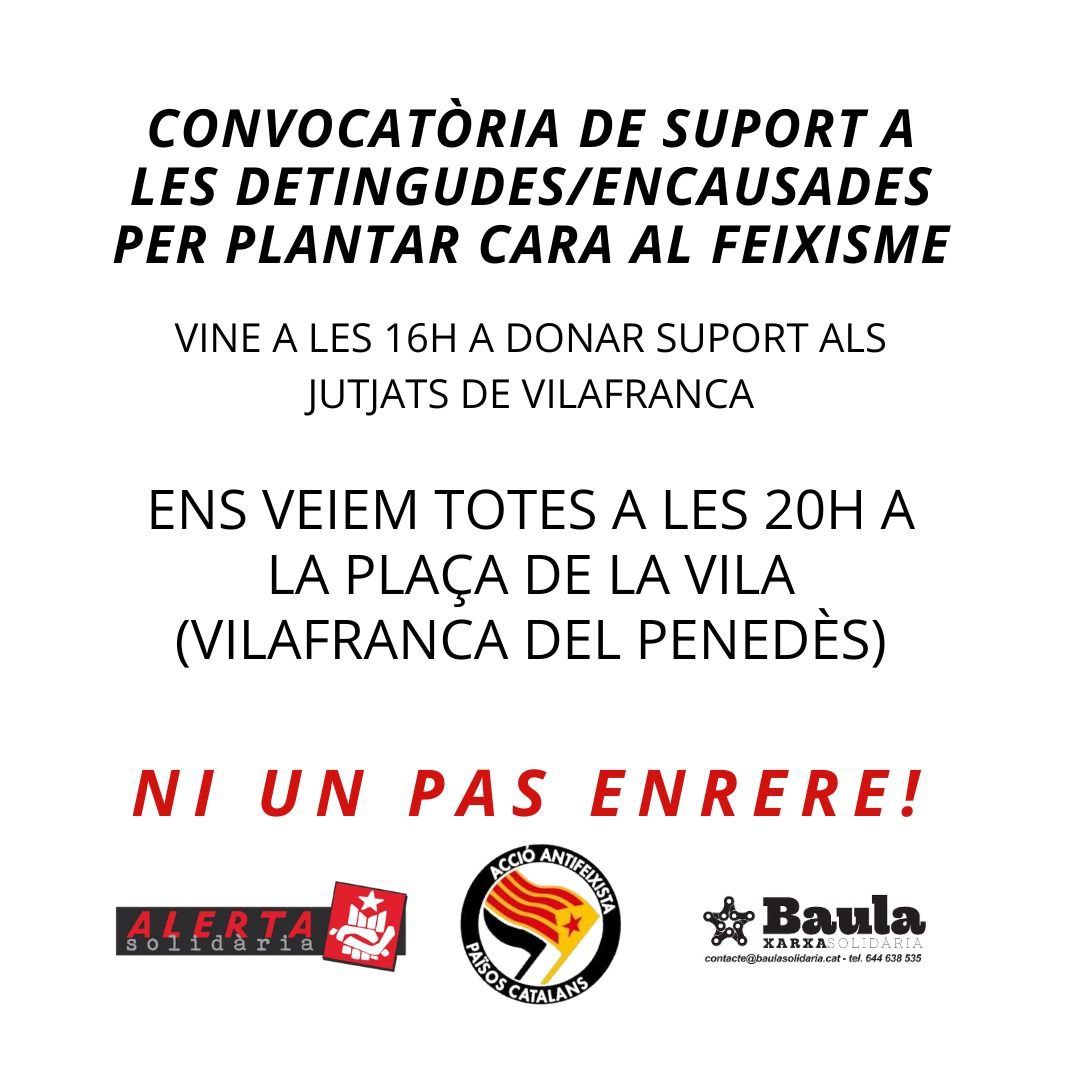 Ja van tres detinguts a Vilafranca aquest matí per plantar cara al feixisme d'AC❗ 

CONCENTRACIÓ DE SUPORT

Ser antifeixista no és cap delicte ✊🏽