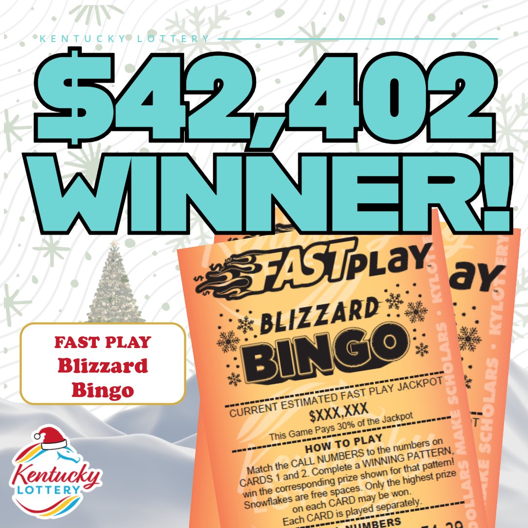kylottery's tweet image. FAST PLAY WIN 🎁 A player scored a #FastPlay JACKPOT WIN over the weekend! 👏 The win was on a $3 Blizzard Bingo ticket and was sold at @FiveStarForReal  in Leitchfield! ❄️ Head to your local KY Lottery retailer and purchase tickets today! bit.ly/kyfastplay