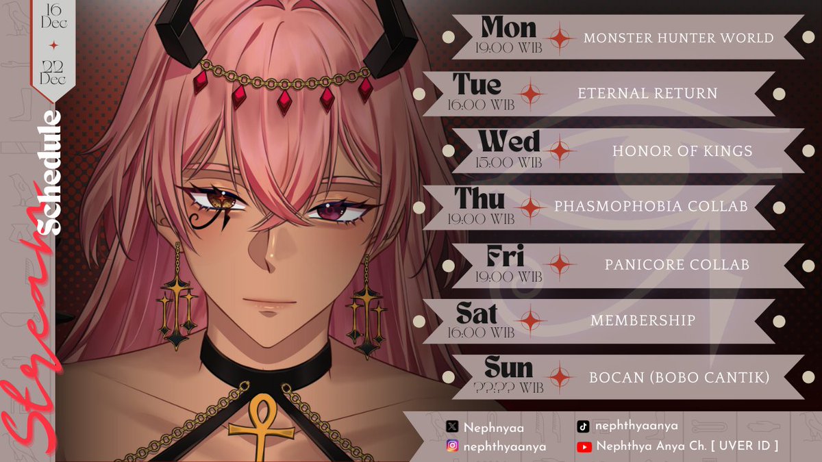 Nephnyaa's tweet photo. ☥Weekly Schedule☥
Jadwal dari tanggal 16 Dec-22 Dec 2024. Jadwal bisa berubah sewaktu-waktu ya✨
【Hashtag】
General : #Nephnya
Live : #Neponair
FanArt : #Anyart
Meme : #Nepfool
Clip : #Nepclip
NSFW : #Anyabe https://t.co/ZRnDi0nwnF