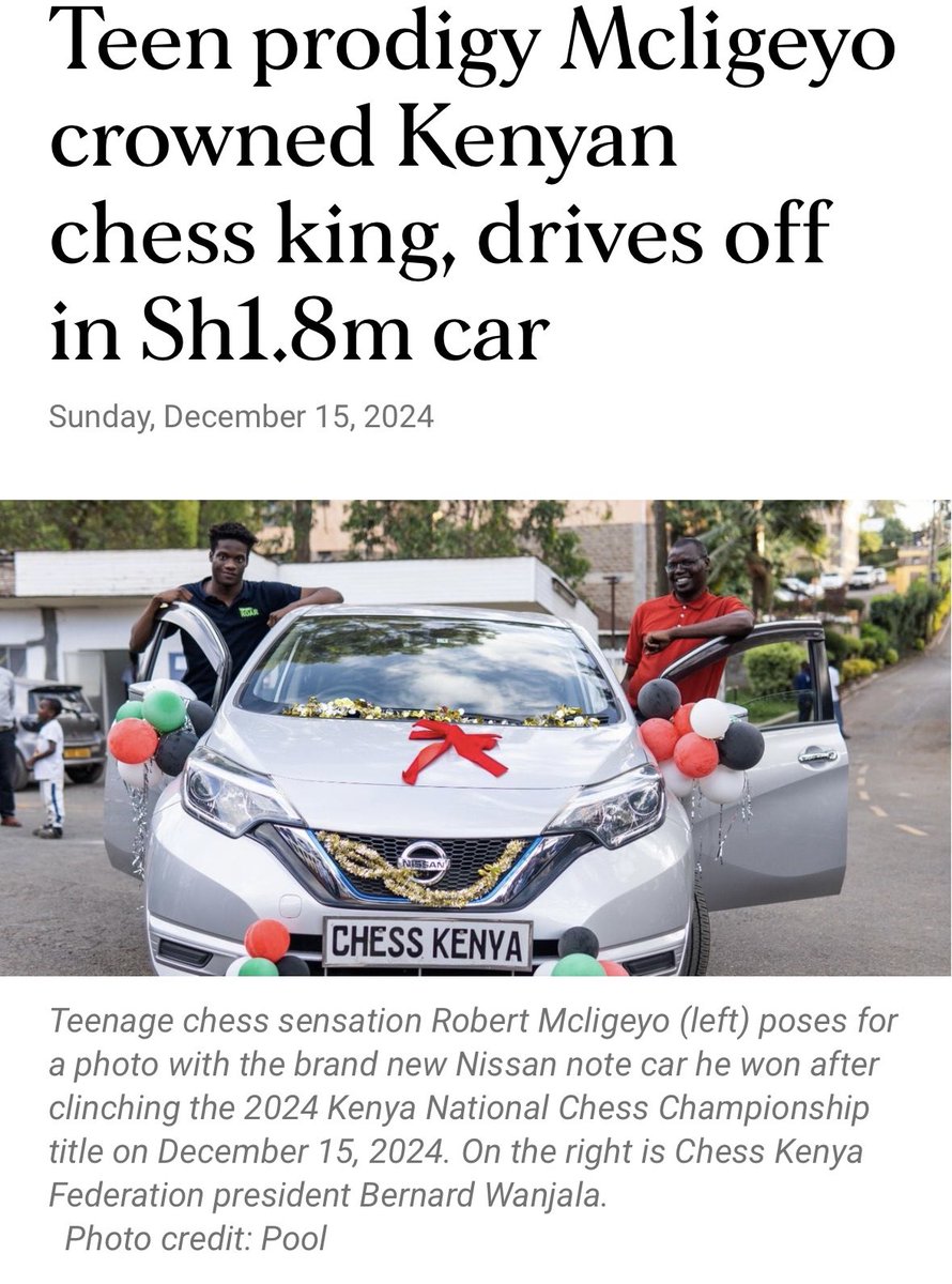 BMC&amp;K 19 year old Teen Prodigy Robert Mcligeyo is crowned Kenyan Chess King after seeding 1st place in the Kenyan National Chess Championships.

He walks away with a brand new car and a grand title of Kenyan Chess Champion 

nation.africa/kenya/sports/o…