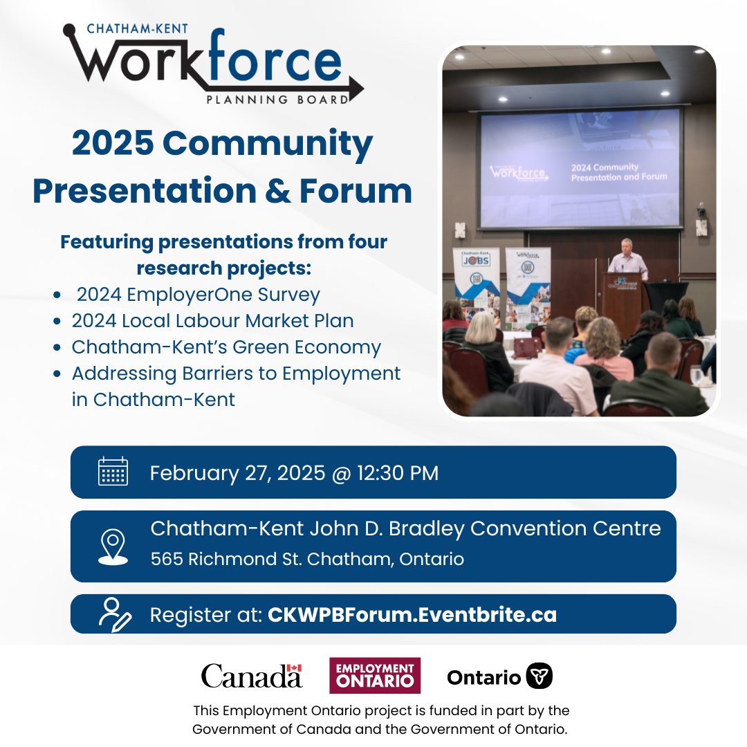 CKWorkforce's tweet image. The Chatham-Kent Workforce Planning Board is excited to announce details for the 2025 CKWPB Forum.

Join us on February 27, as we provide insights into CK's current labour market and workforce trends.

Register at: CKWPBForum.eventbrite.ca
